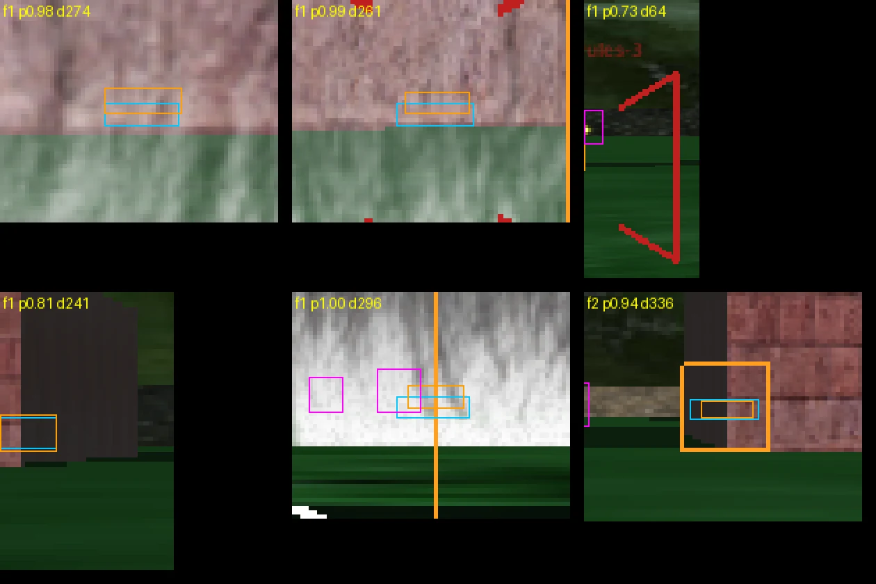 A grid of six cropped BZFlag frames, each with the eye's cyan predicted box: two crops of brick wall texture filling the view, one with a red lock-on bracket, one dark wall, one frame streaked white, one dark wall beside a building.