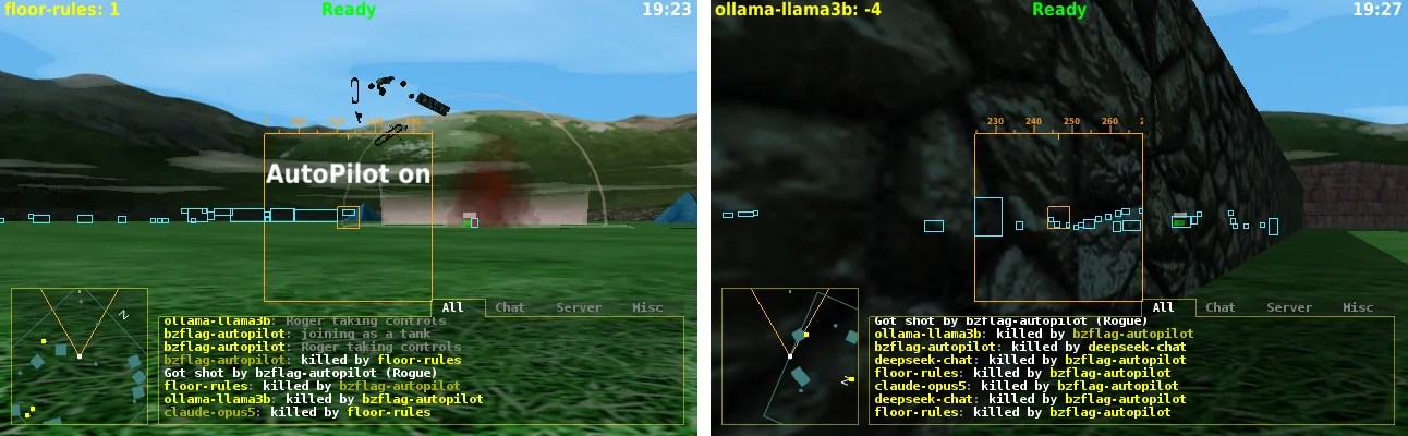 Two BZFlag frames from a tank's own camera with the detector's cyan boxes: on the left a row of boxes along the horizon band and distant walls, on the right a row of boxes along a dark stone wall; one green box marks a real visible tank.